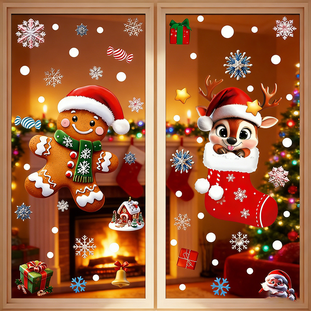 Snowflake Window Decal - สติกเกอร์ติดกระจกแบบคงที่ลายคริสต์มาส ปี 2026 รูปคนขนมปังขิง มนุษย์หิมะ เกล็ดหิมะ