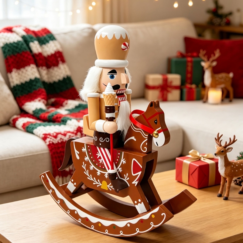 Nutcracker Figurine - ตุ๊กตาแคร็กเกอร์ไม้บนม้าโยกที่ได้แรงบันดาลใจจากขนมปังขิงพร้อมรายละเอียดเกล็ดหิมะ ประติมากรรมของสะสมสำหรับ Y5GB