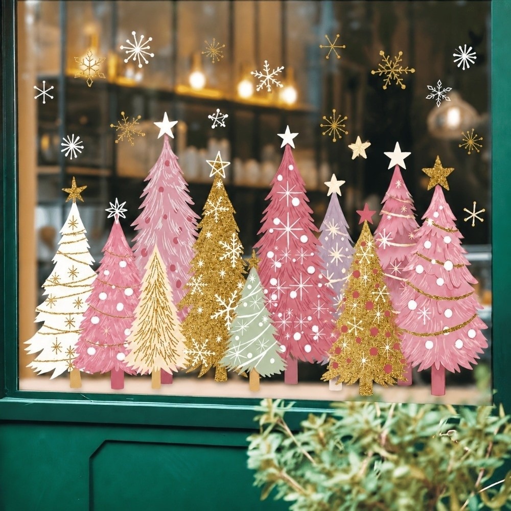 Snowflake Window Decal - สติ๊กเกอร์ติดกระจกคริสต์มาสแบบใช้ซ้ำได้ วัสดุ PVC ลายเกล็ดหิมะ ไม่ต้องใช้กาว รูปทรงต้นไม้