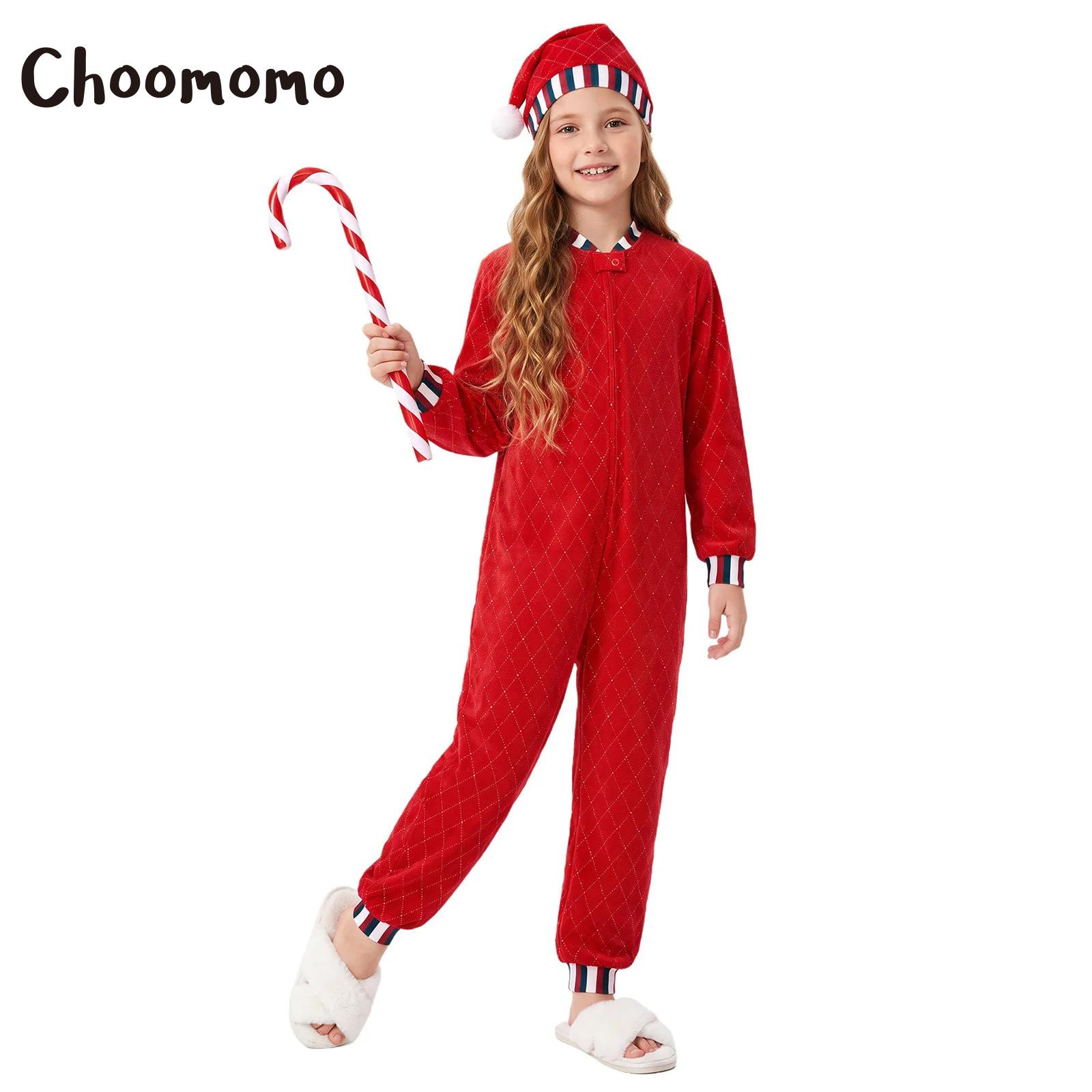 Elf Costume Christmas - ชุดเอลฟ์คริสต์มาส ชุดซานตาคลอสสำหรับเด็กผู้หญิง ชุดจั๊มสูทกำมะหยี่ลายทางลายไม้เท้าลูกกวาด แขนยาว ซิป ประดับเพชรเทียม