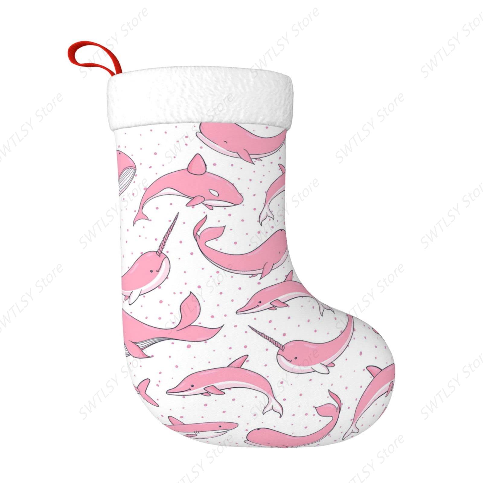 Christmas Stocking Hanging - ถุงเท้าคริสต์มาสลายปลาวาฬสีชมพูสำหรับตกแต่งเตาผิงในวันหยุดคริสต์มาส เหมาะสำหรับตกแต่งบ้านในช่วงเทศกาล พร้อมการ์ดและขนม