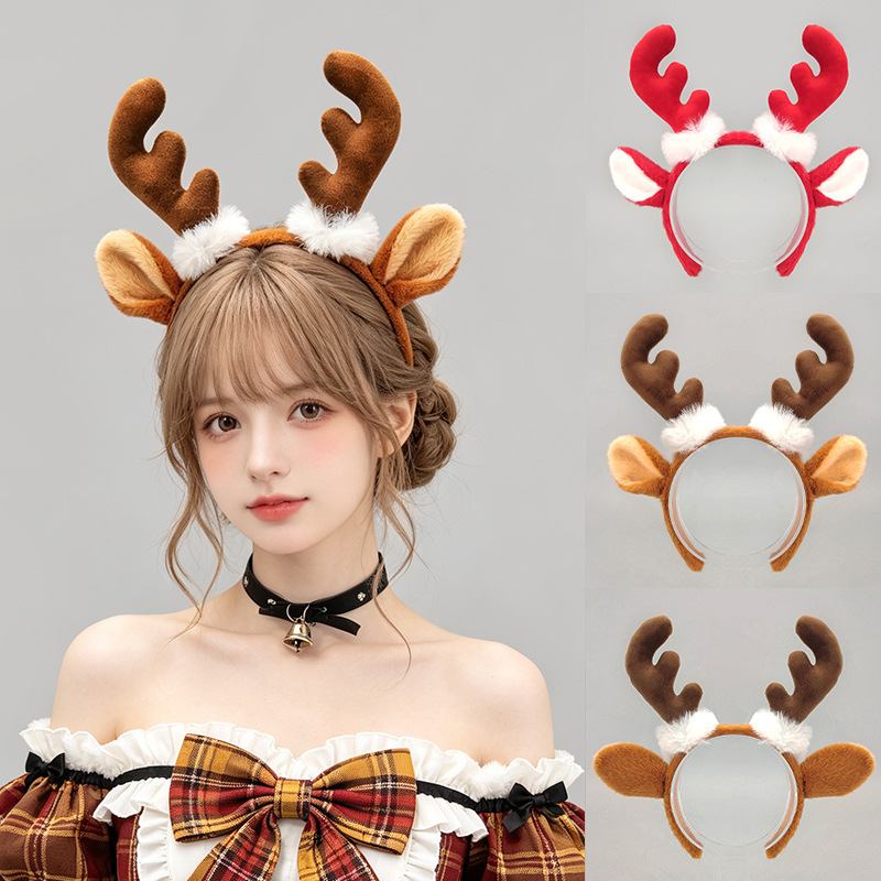 Reindeer Antlers Headband - ที่คาดผมพร้อมเขากวางเรนเดียร์ขนนุ่มและหูมูสสำหรับงานปาร์ตี้วันหยุด สำหรับเด็ก ไม่ลื่นไถล นุ่ม ทนทาน คุณภาพพรีเมียม