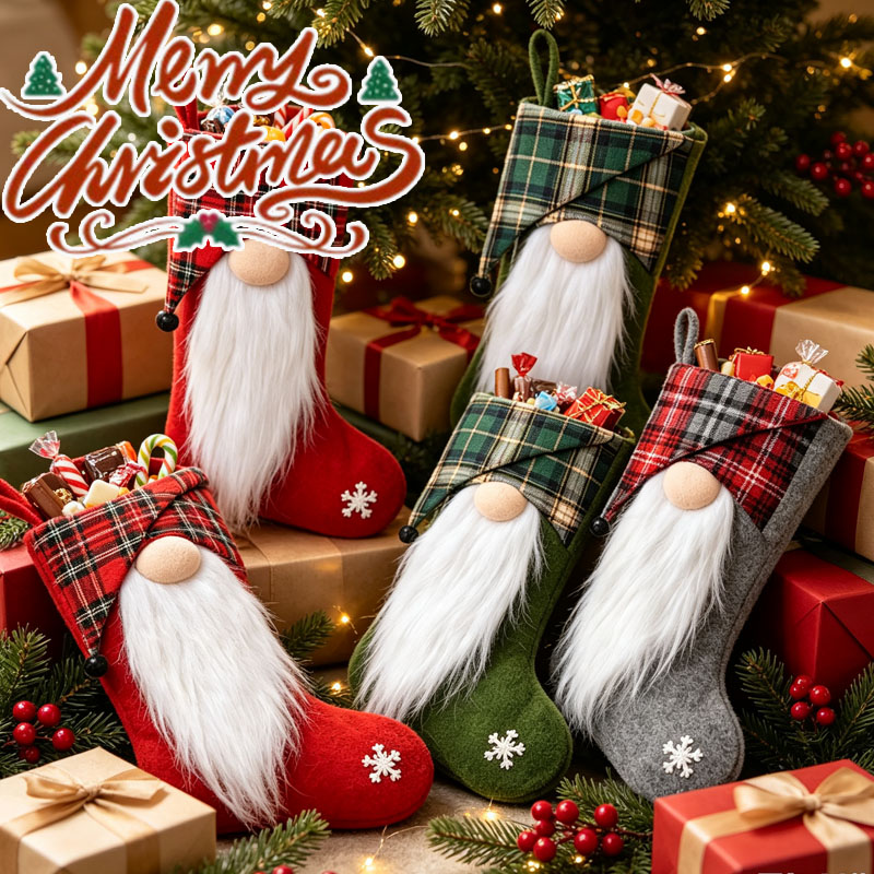 Christmas Stocking Hanging - ถุงของขวัญคริสต์มาสสำหรับเด็ก 1-4 ชิ้น พร้อมของตกแต่งต้นไม้ รูดอล์ฟไม่มีหน้า กระดิ่ง