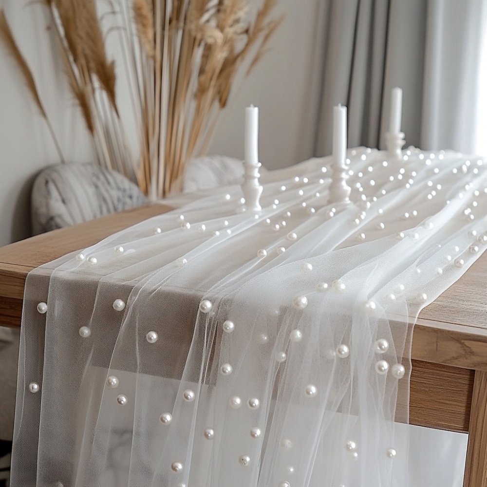 Christmas Table Runner - ผ้าปูโต๊ะชีฟองมุก ขนาด 80x300 ซม. ผ้าตาข่ายกึ่งโปร่งแสงสำหรับงานแต่งงาน งานเลี้ยงฉลองเจ้าสาว